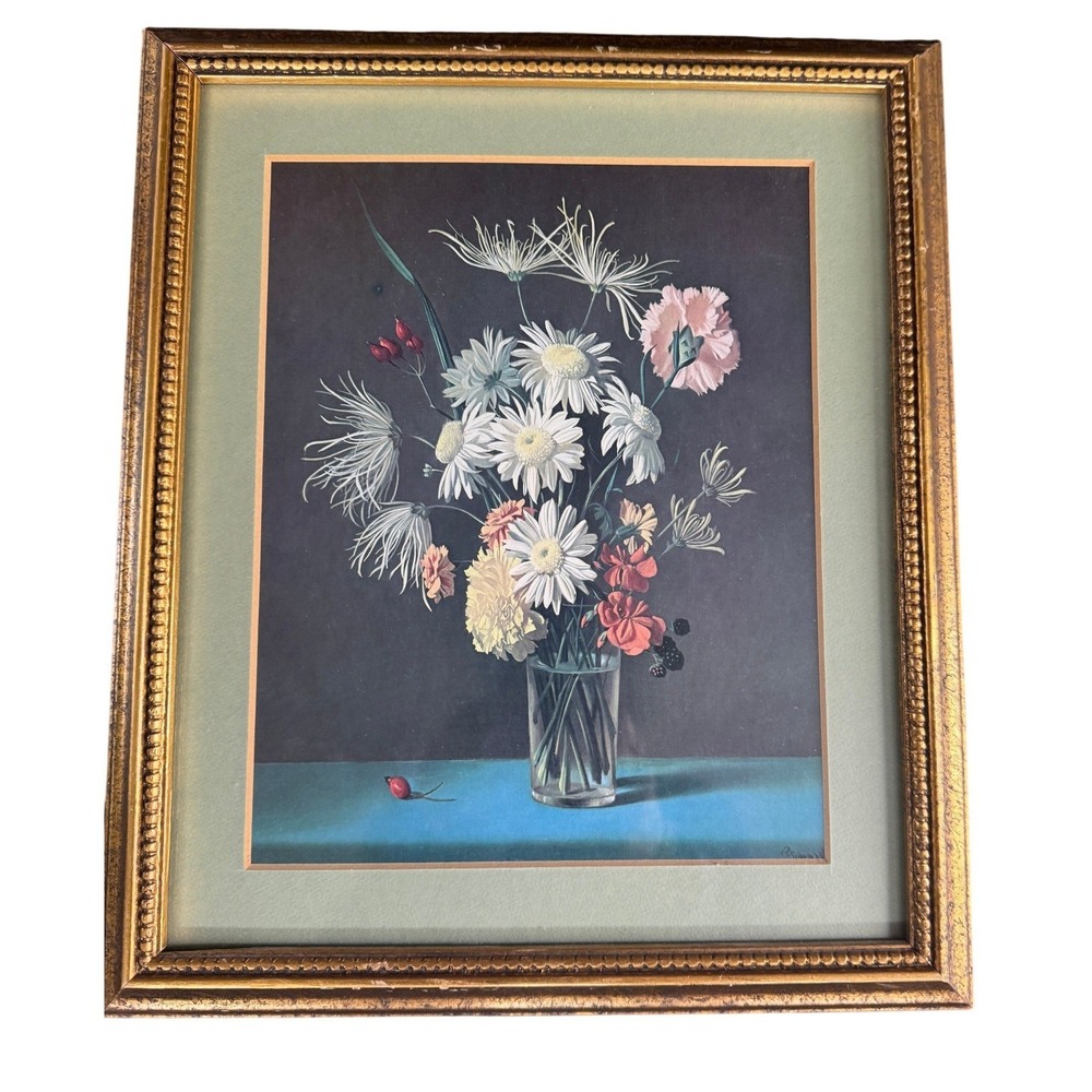 Vintage Fernand Renard Marad Wall Decorβ Floral Lithograph Gold Frame Daisy Art